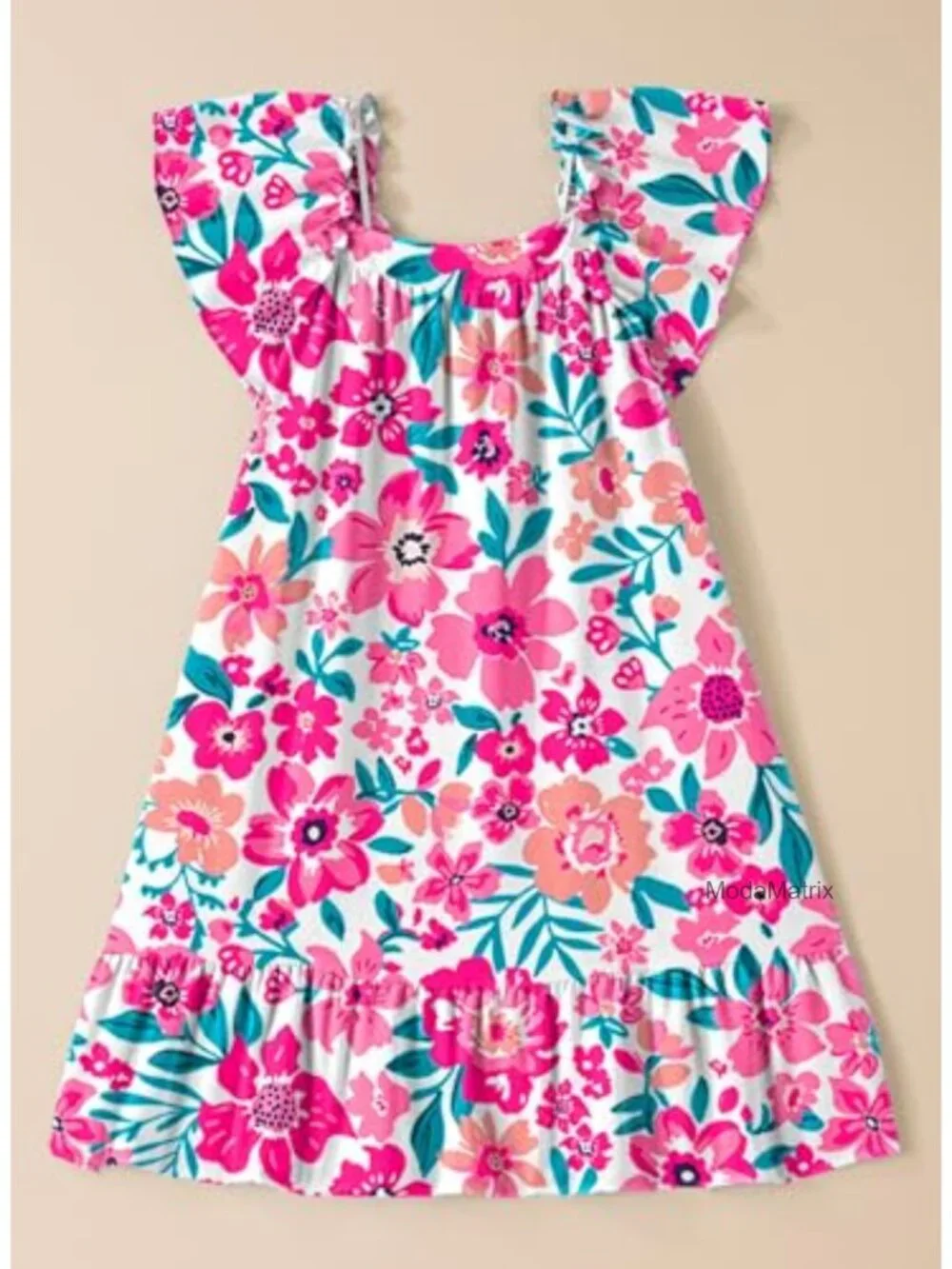 Girls Ruffle Sleeve Sundress Floral Square Neck Casual Summer Dress with Pockets